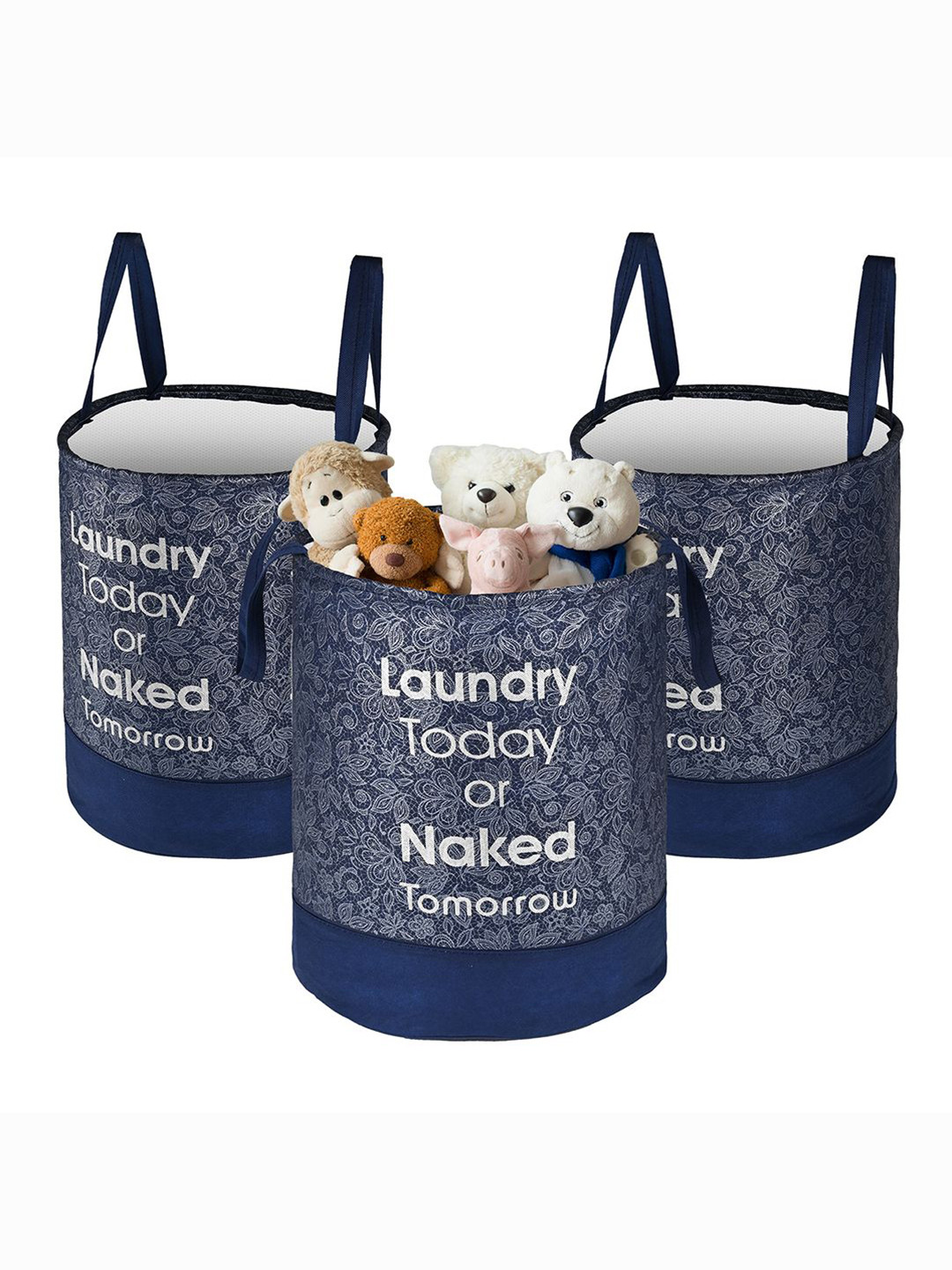 Kuber Industries Blue 3 Pieces Leaf Printed Foldable Laundry Bag 45L