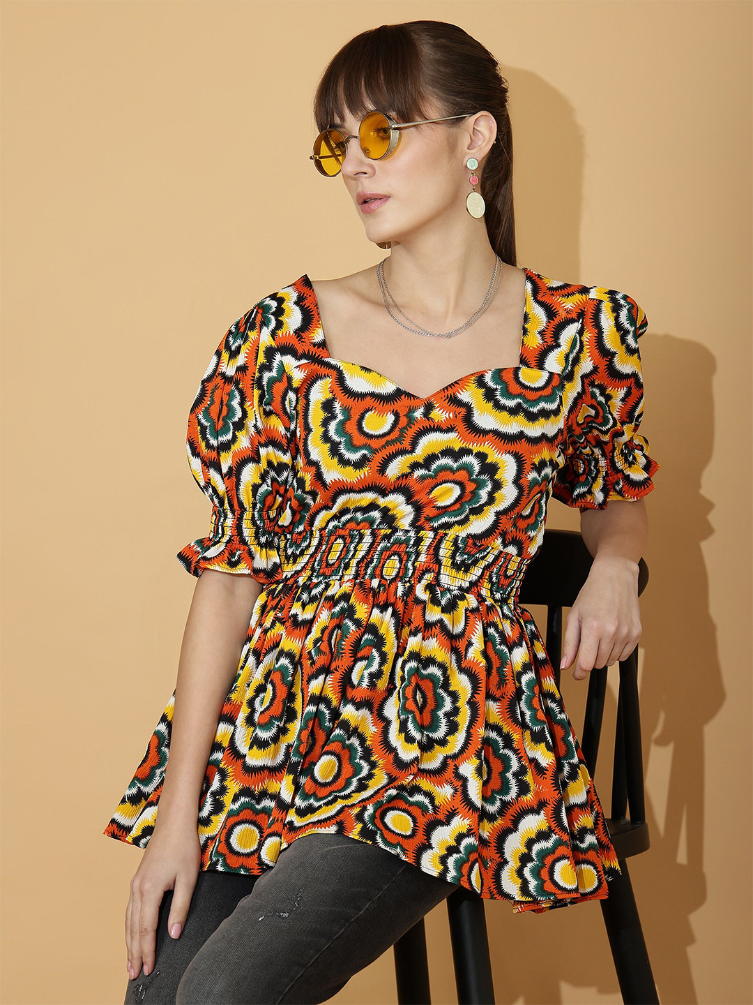 SHEETAL Associates Women Floral Printed Sweetheart Neck Puff Sleeve Crepe Top