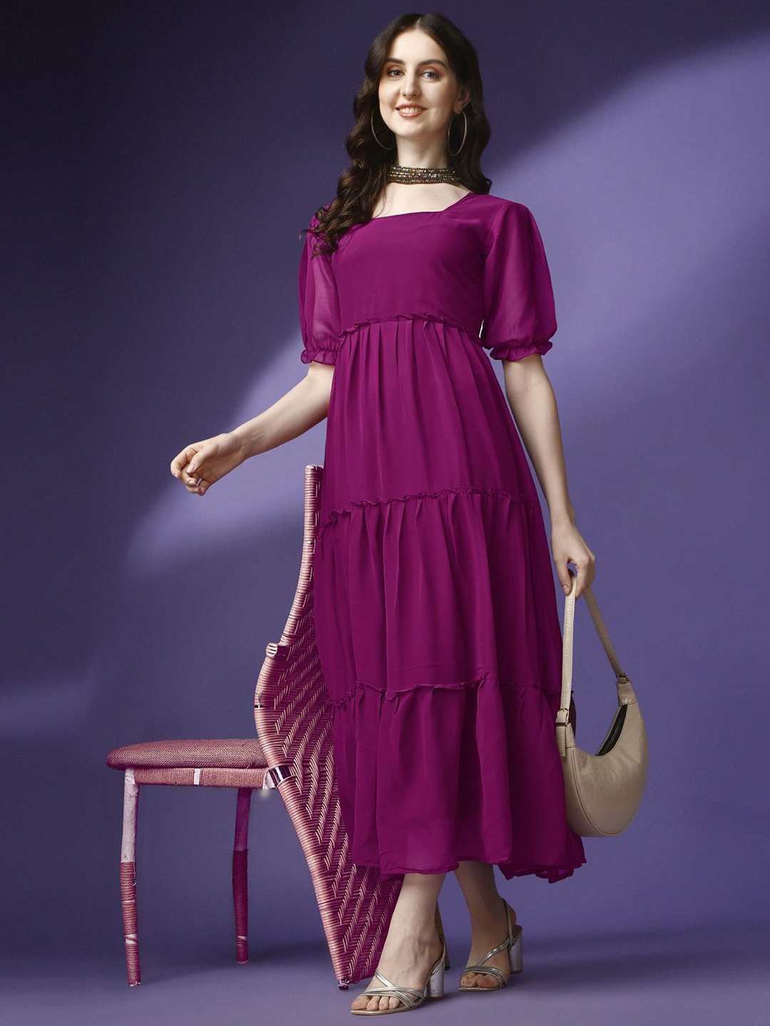 Raiyani Enterprise Women Magenta Bell Sleeve Applique Georgette Fit & Flare Maxi Dress