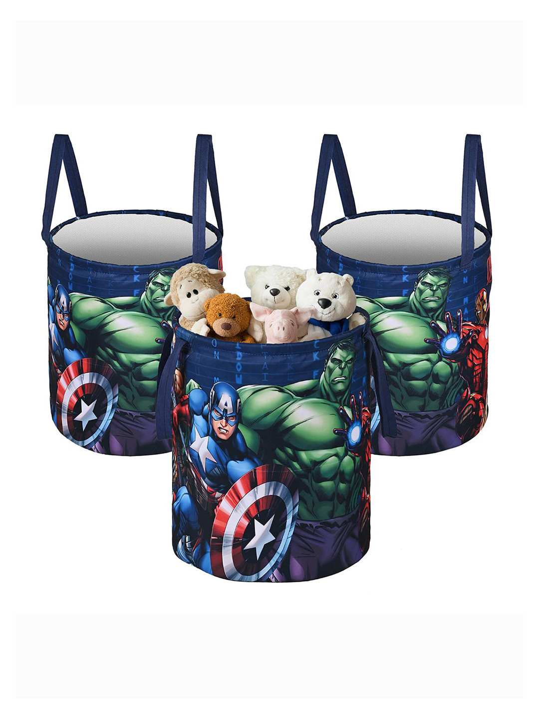 Kuber Industries Blue 3 Pieces Marvel Avengers Printed Foldable Laundry Bags 45 L Each