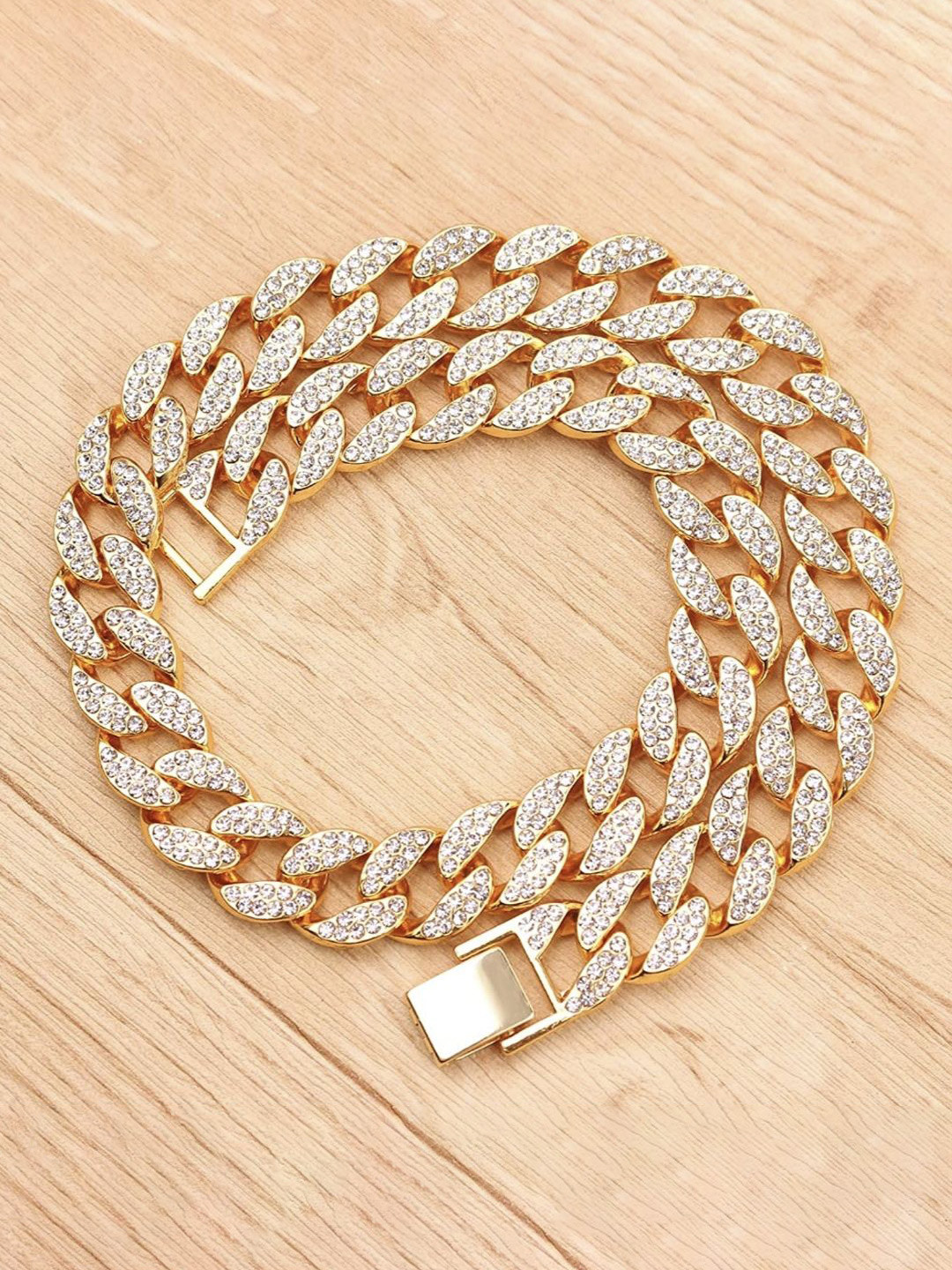 V FASHION JEWELLERY Unisex Gold-Plated Stainless Steel Rhinestone Studded Round Necklace