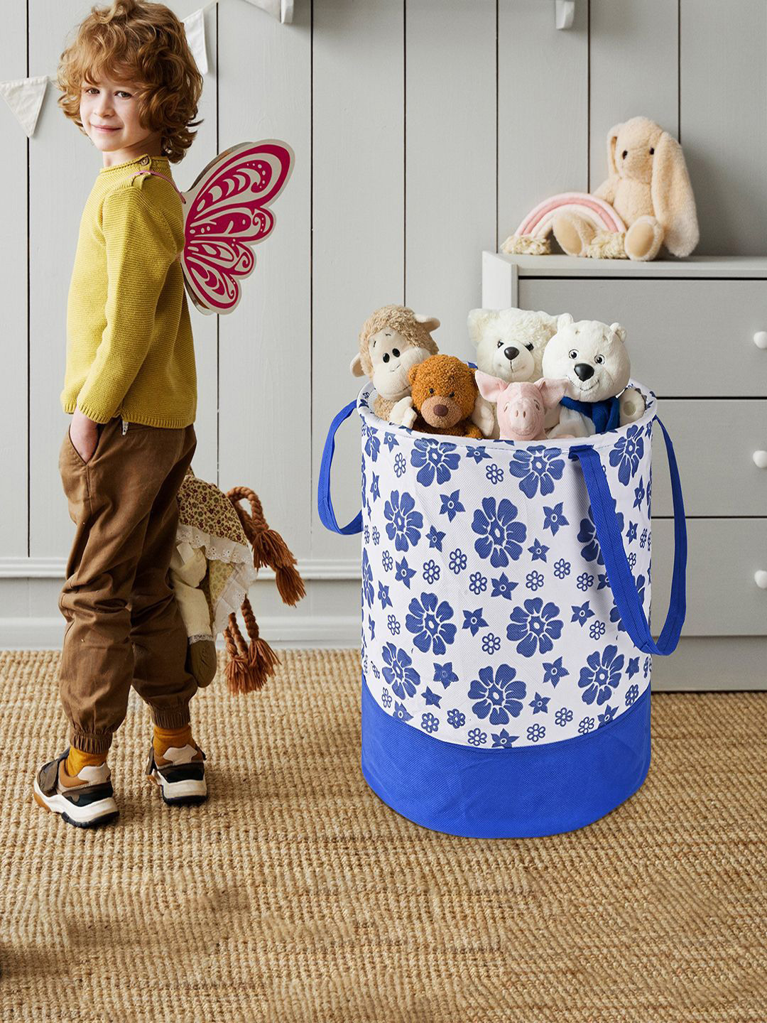 Kuber Industries Blue & White 3 Pieces Floral Printed Foldable Laundry Bags 45 L Each