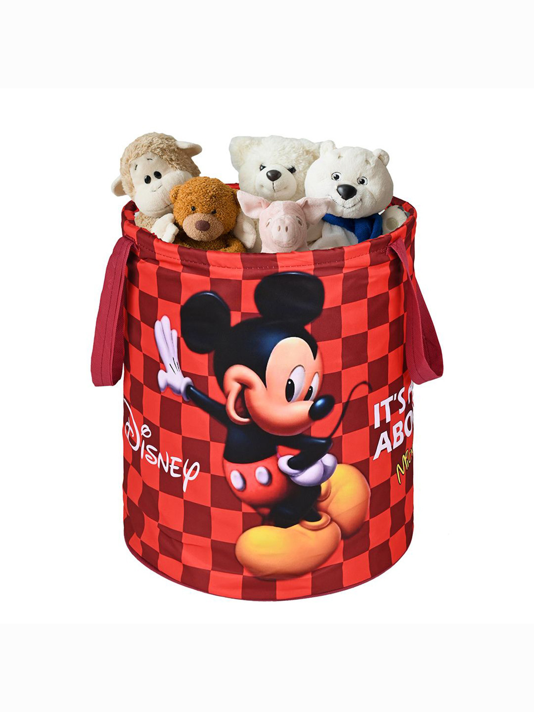 Kuber Industries Maroon Checkered Disney Mickey Printed Foldable Laundry Bag 45L