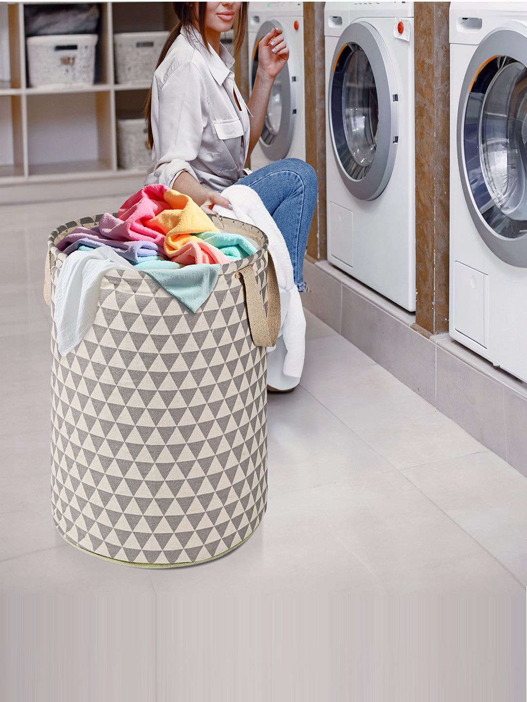 Kuber Industries Grey 2 Pieces Triangles Printed Cotton Foldable Laundry Bags 45 L Each