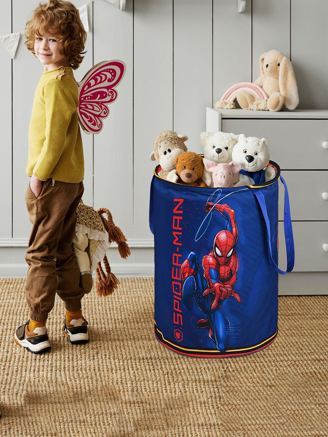 Kuber Industries Blue & Red 3 Pieces Marvel Spiderman Printed Foldable Laundry Bags 45L