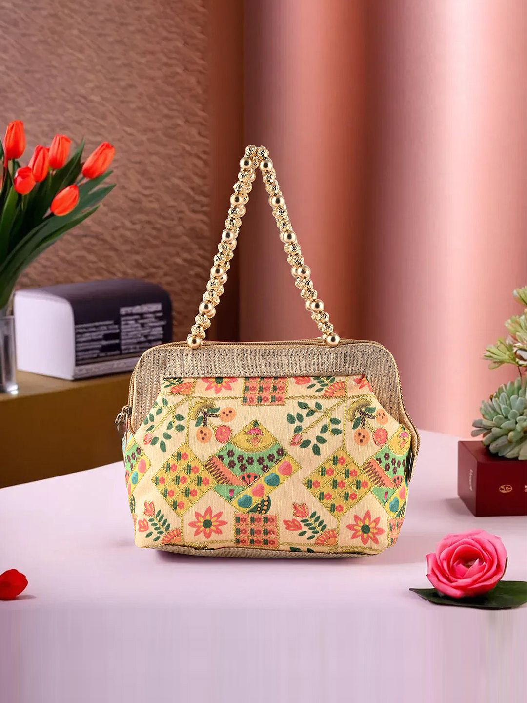 Kuber Industries Cream Floral Embroidered Women Handbag Slim & Travel Ladies Purse