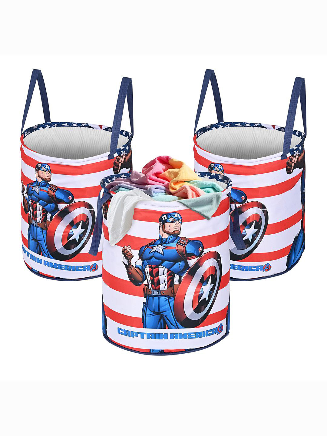 Kuber Industries White 3 Pieces Marvel Captain America Printed Foldable Laundry Bags 45L