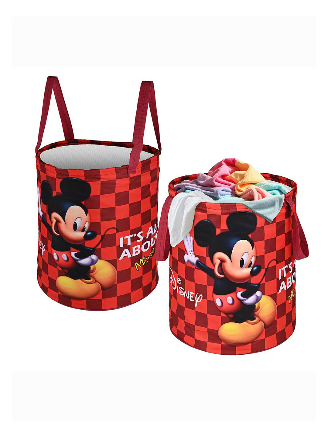 Kuber Industries Maroon & Red 2 Pieces Disney Mickey Printed Foldable Laundry Bags 45L