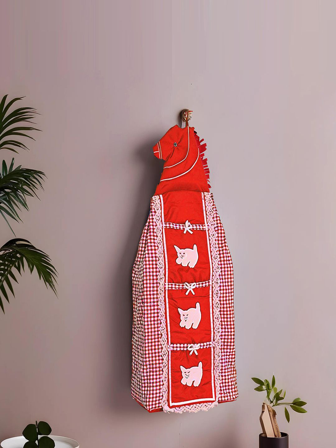 Kuber Industries Red & White Checked Hanging Wardrobe Organisers