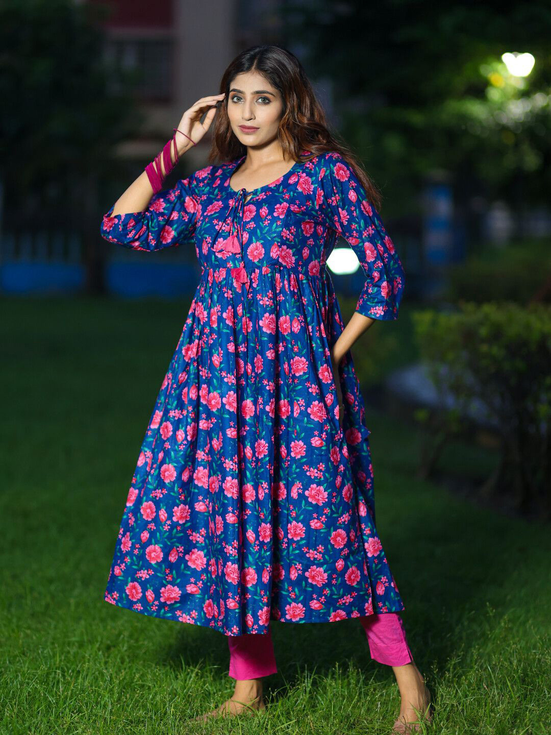 Aujjessa Floral Printed Thread Work Cotton Maternity Anarkali Kurta