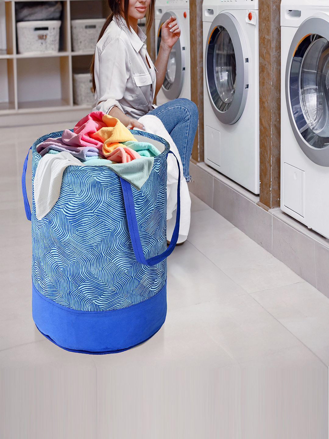 Kuber Industries Blue Self Design Foldable Laundry Bag 45L