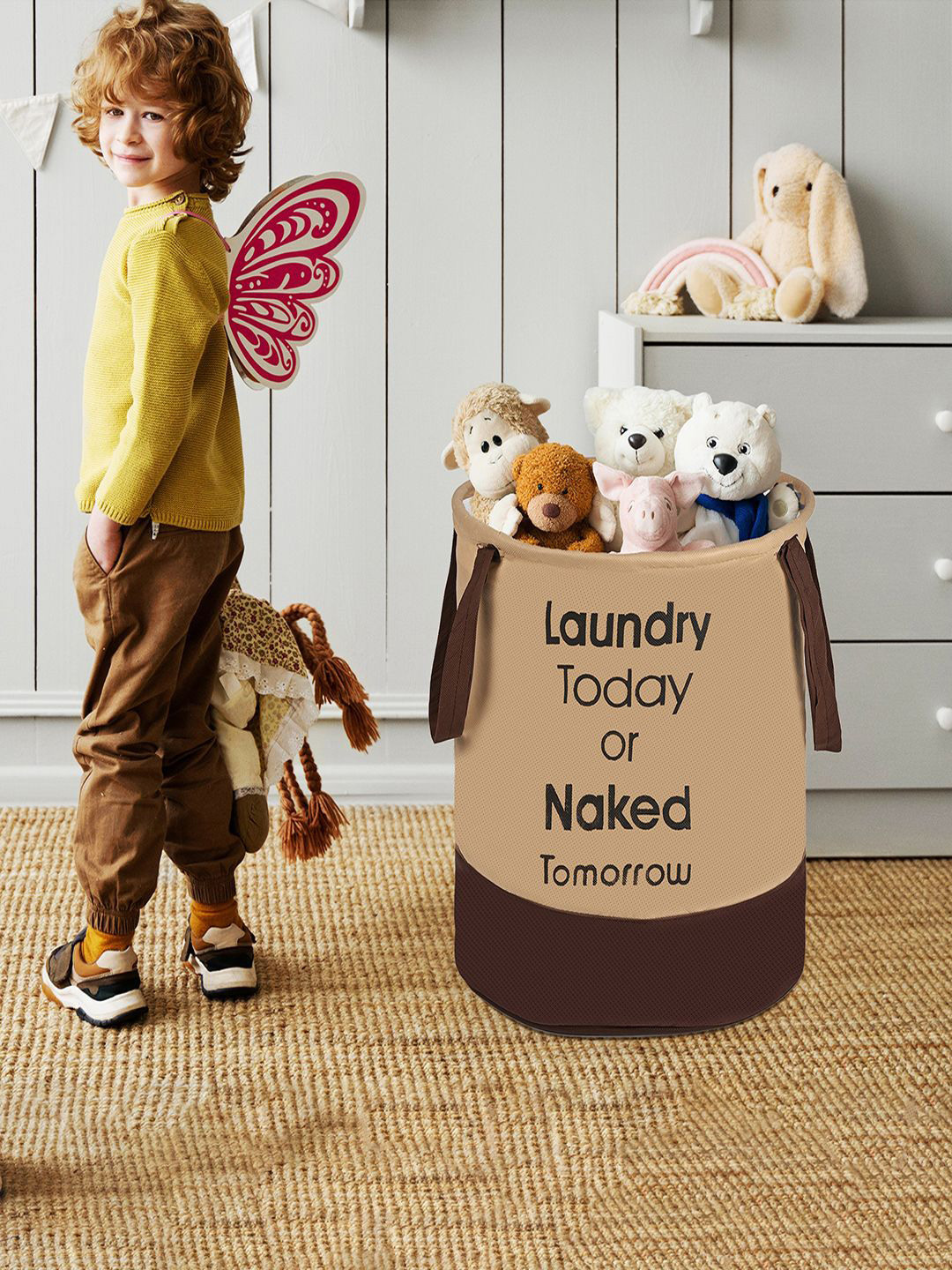 Kuber Industries Brown Foldable Dirty Clothes Laundry Basket With Handles 45 L