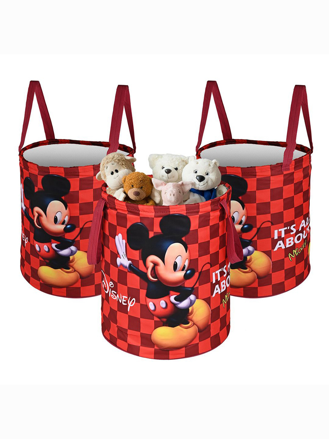 Kuber Industries Maroon 3 Pieces Disney Mickey Printed Foldable Laundry Bags 45 L Each