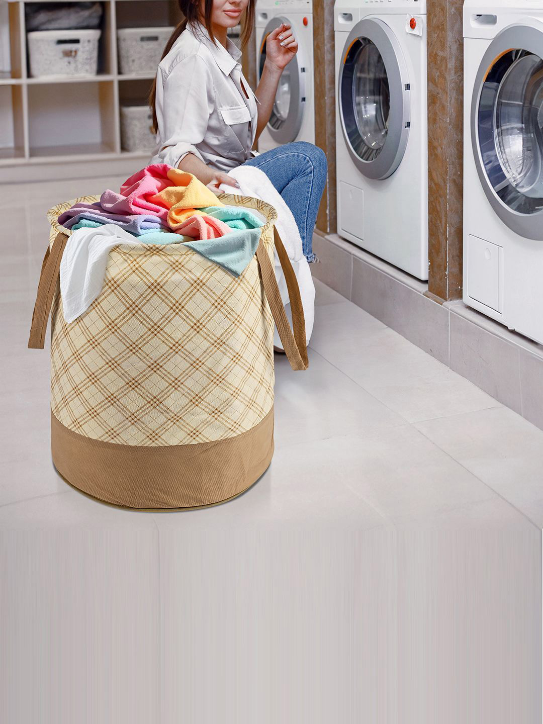 Kuber Industries Cream-Coloured 2 Pieces Checkered Printed Foldable Laundry Bag 45L