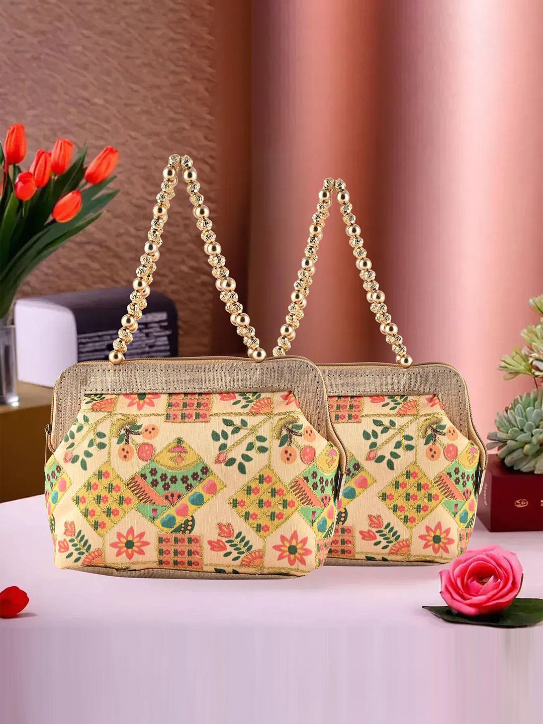 Kuber Industries Women Pack Of 2 Floral Embroidered Structured Handheld Bags