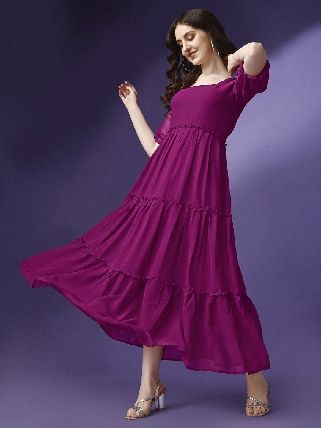 Krunal Raiyani Women Bell Sleeve Applique Georgette Fit & Flare Solid Maxi Dress