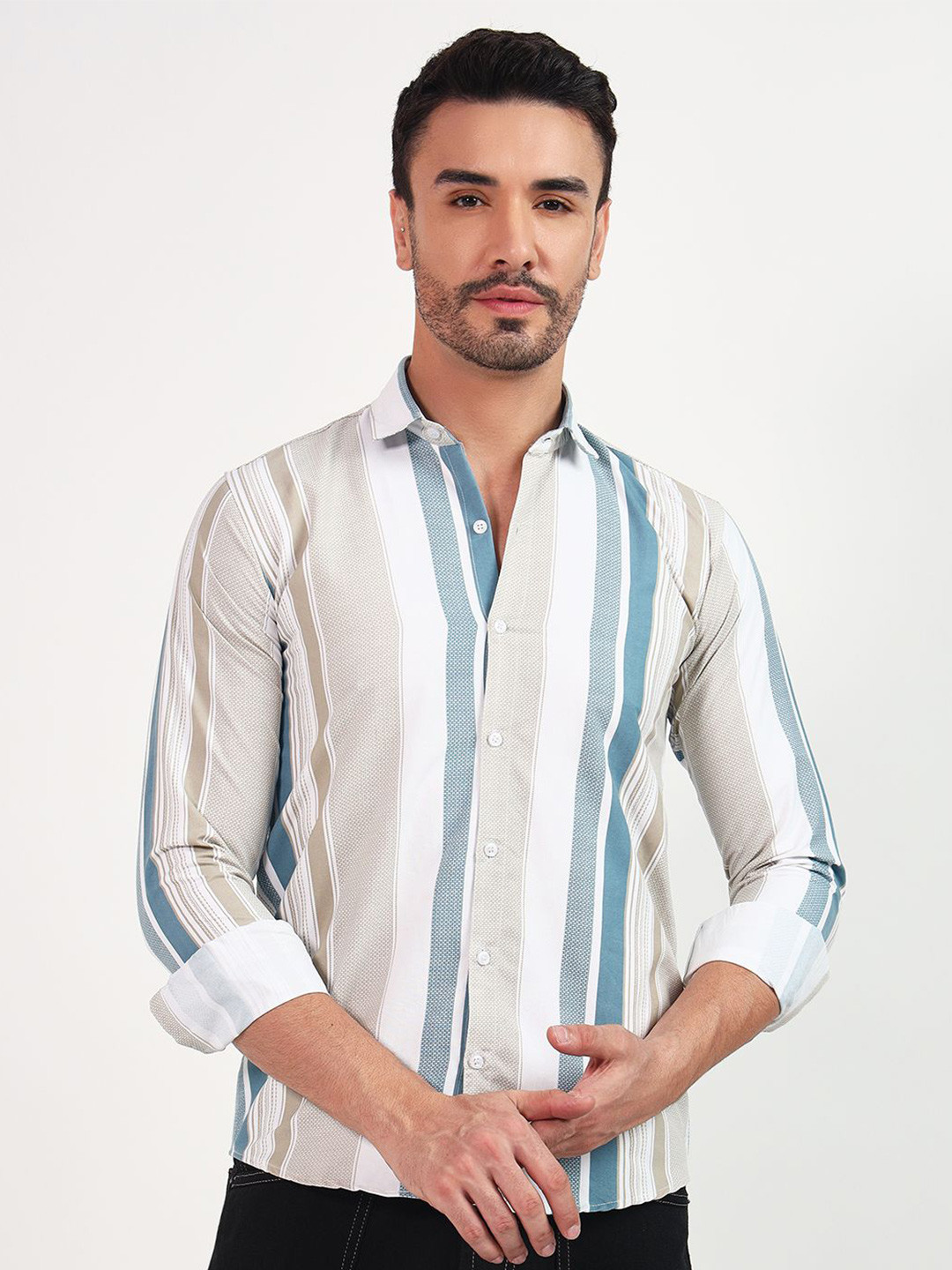 YOUTH FIRST Men Premium Spread Collar Vertical Striped Casual Shirt