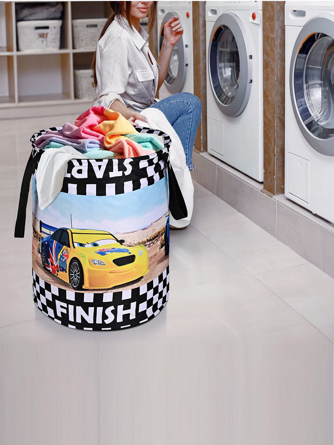 Kuber Industries Black 3 Pieces Disney Cars Printed Foldable Laundry Bags 45 L Each