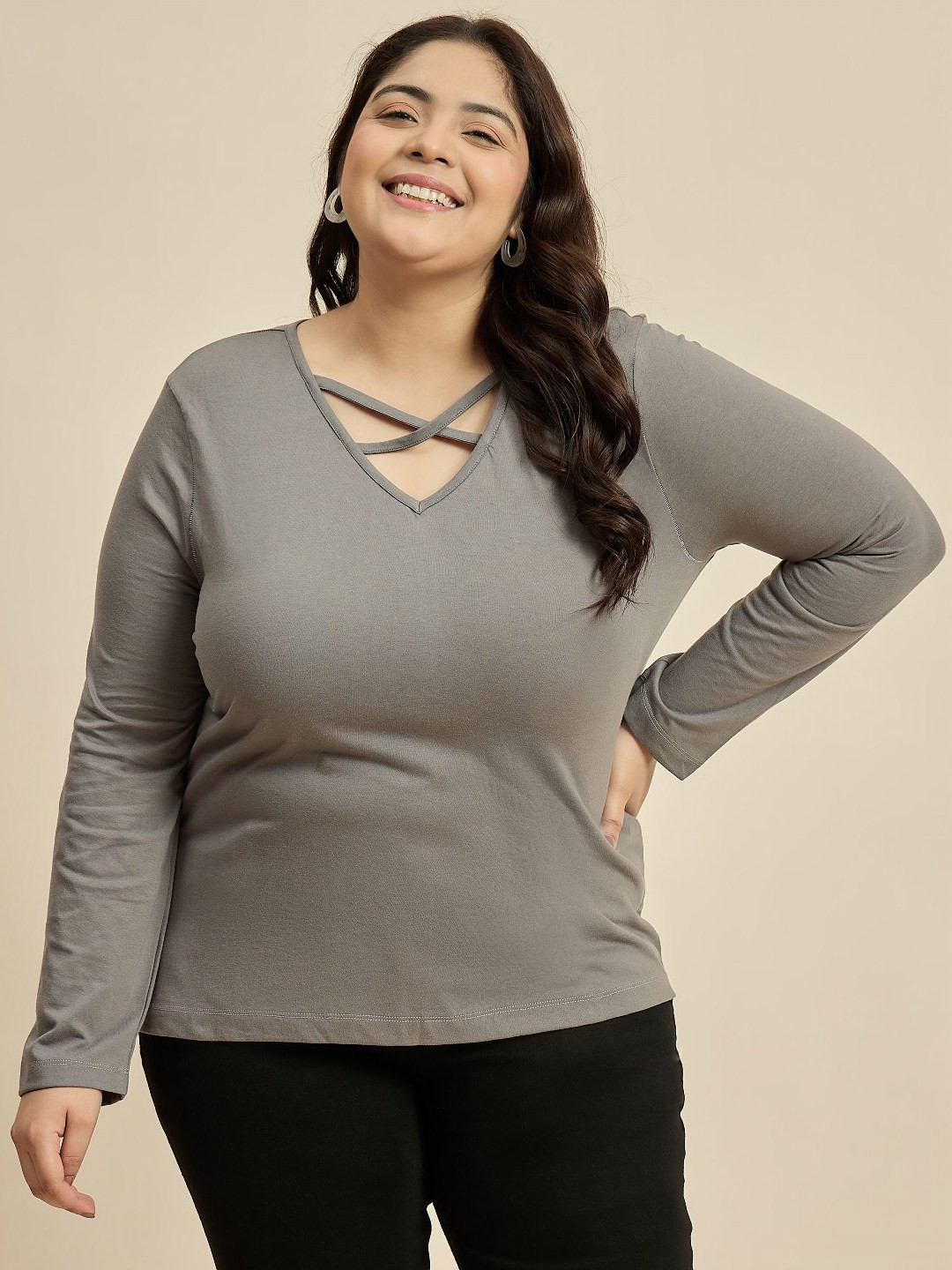 CURVY STREET Women Solid V-Neck Cotton Plus Size T-shirt
