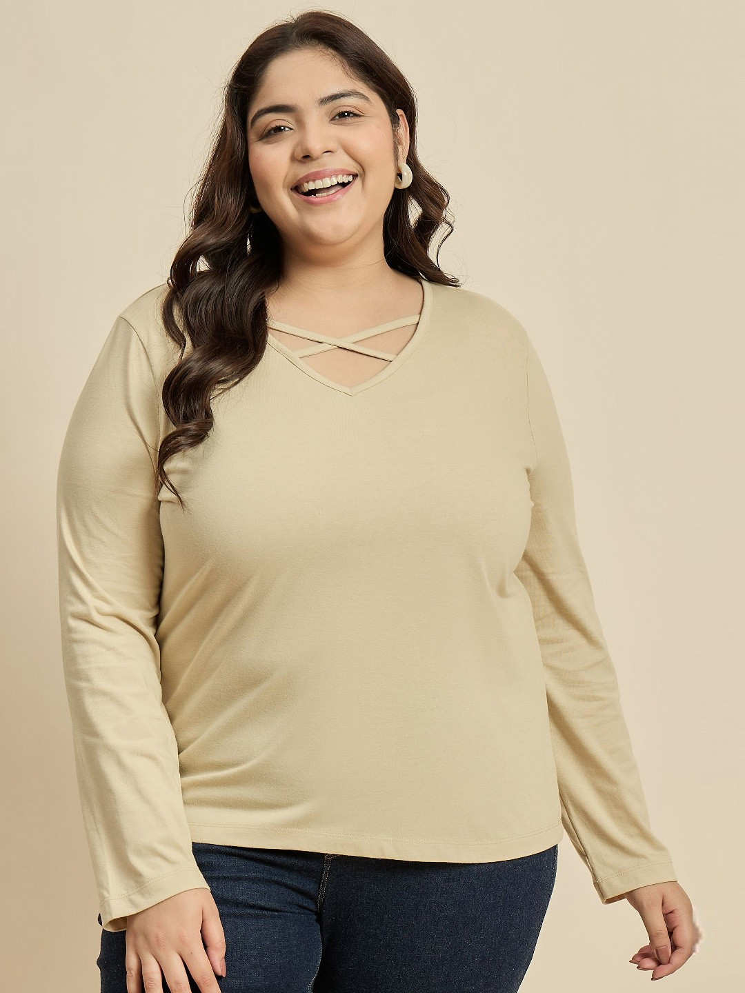 CURVY STREET Women Solid V-Neck Pure Cotton Plus Size T-shirt
