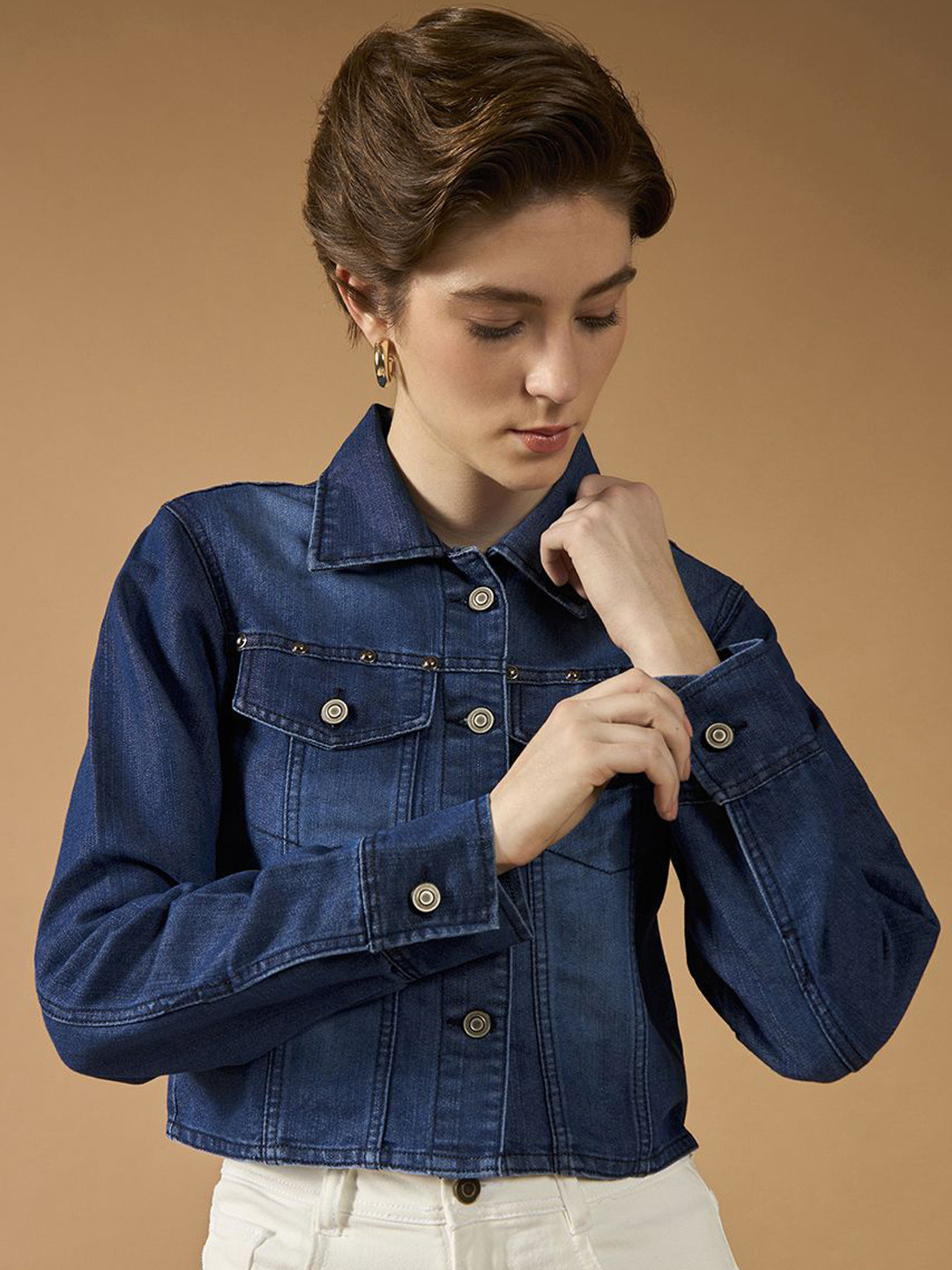 DOLCE CRUDO Women Spread Collar Washed Self Design Cotton Casual Denim Jacket