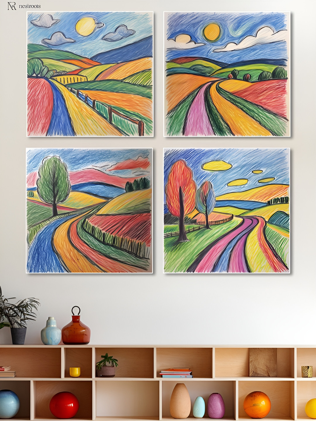 nestroots Blue & Green 4 Pieces Serene Path Lush Landscape Painting Canvas Wall Art