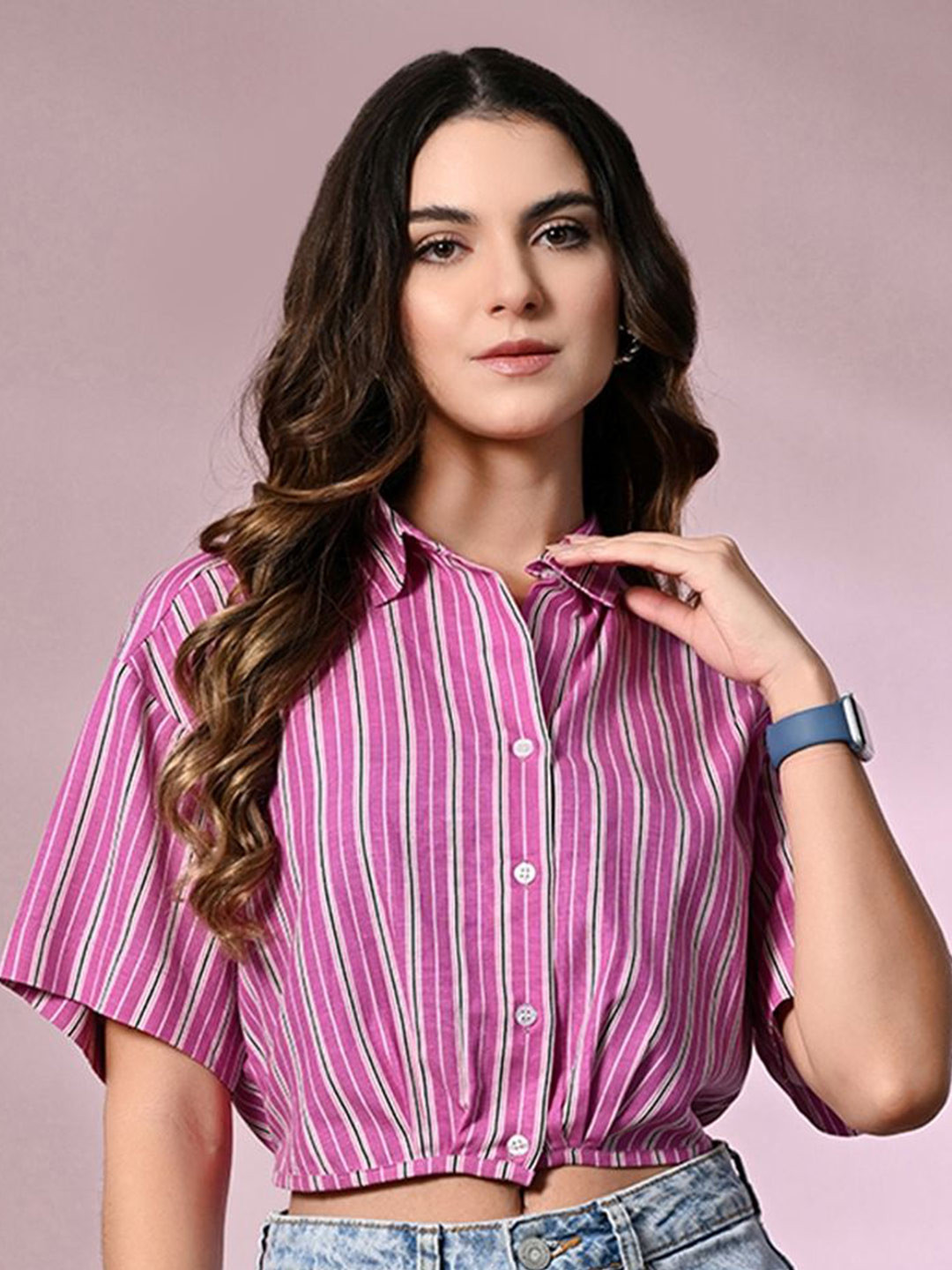 Fuchsia  Striped Shirt Style Top