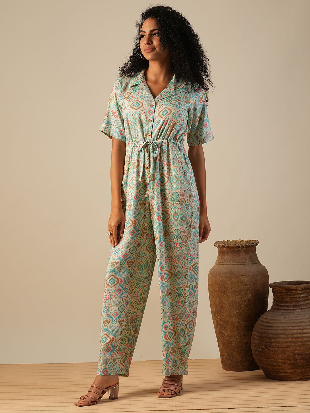 Globus Cuban Collar Geometric Print Waist Tie-Ups Fusion Jumpsuit