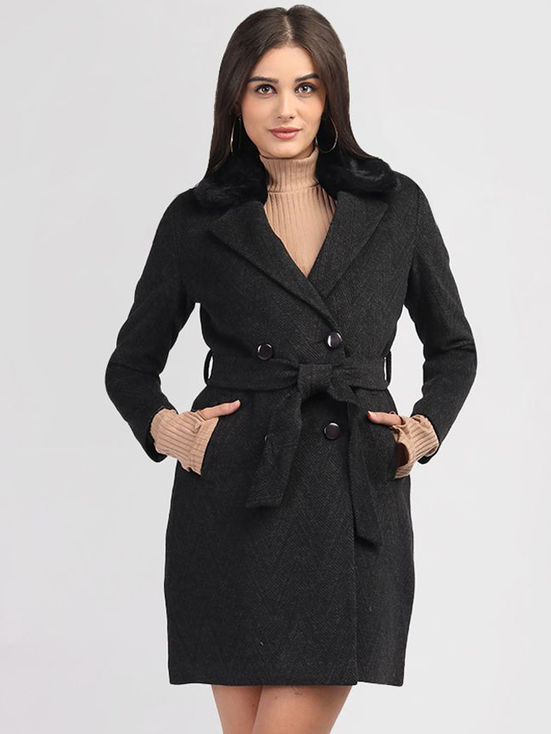 PROTEX Women Black Long Sleeves Notched Lapel Single-Breasted Overcoat With Belt