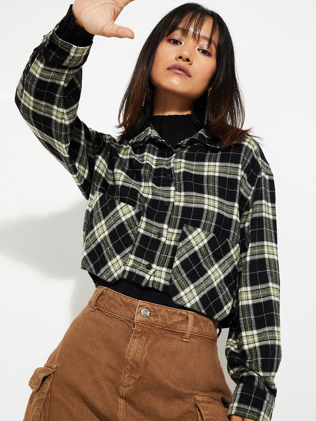 max ALAYA F x URB_N Women Checked Yarn Dyed Cropped Shirt