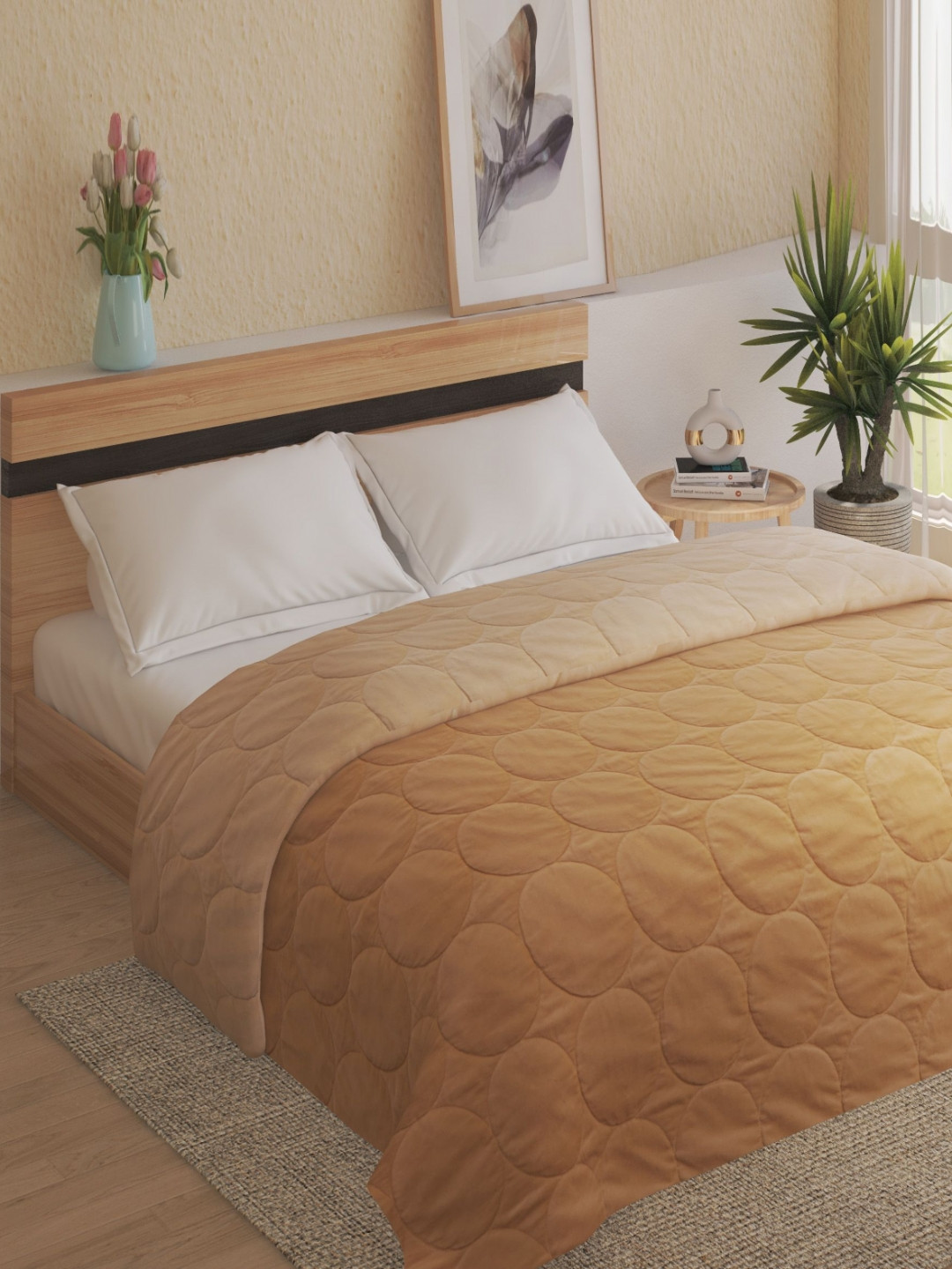 Home Centre Beige Geometric Double Bed Quilt