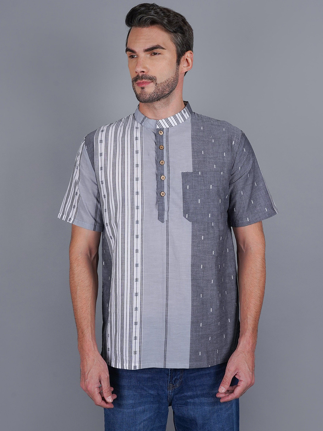 Cot'N Soft Colourblocked Pure Cotton Mandarin Collar Straight Kurta