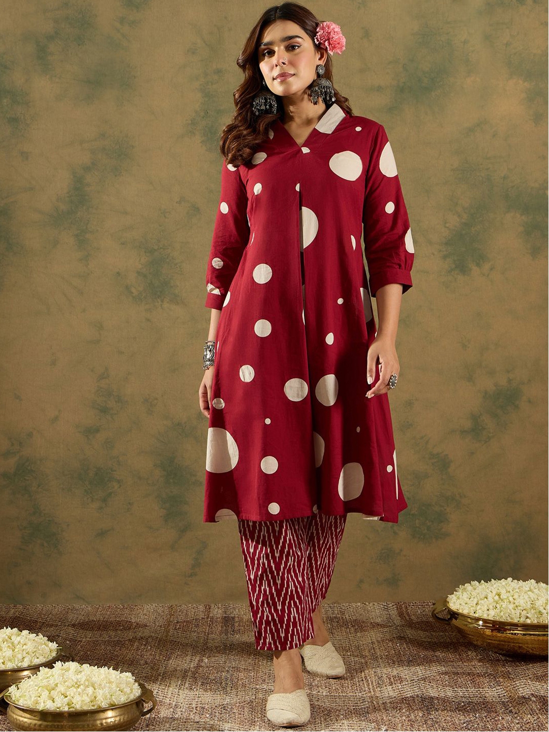 Indo Era V Neck Printed Pleated Pure Cotton A Line Kurta With Trousers - Kurta Sets for Women 31291484 | Myntra