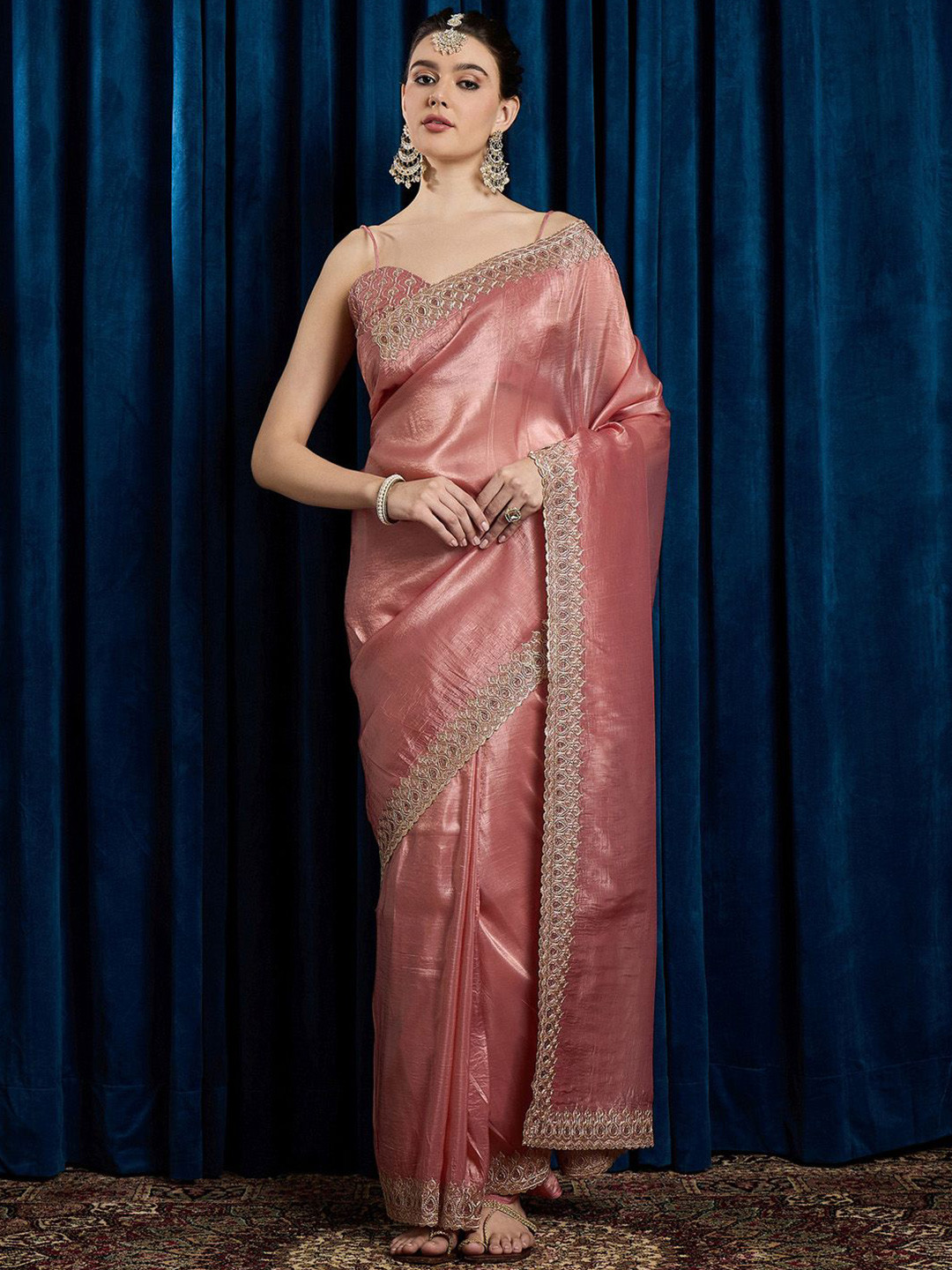 Anouk Embellished Beads and Stones Tissue Saree with Matching Blouse