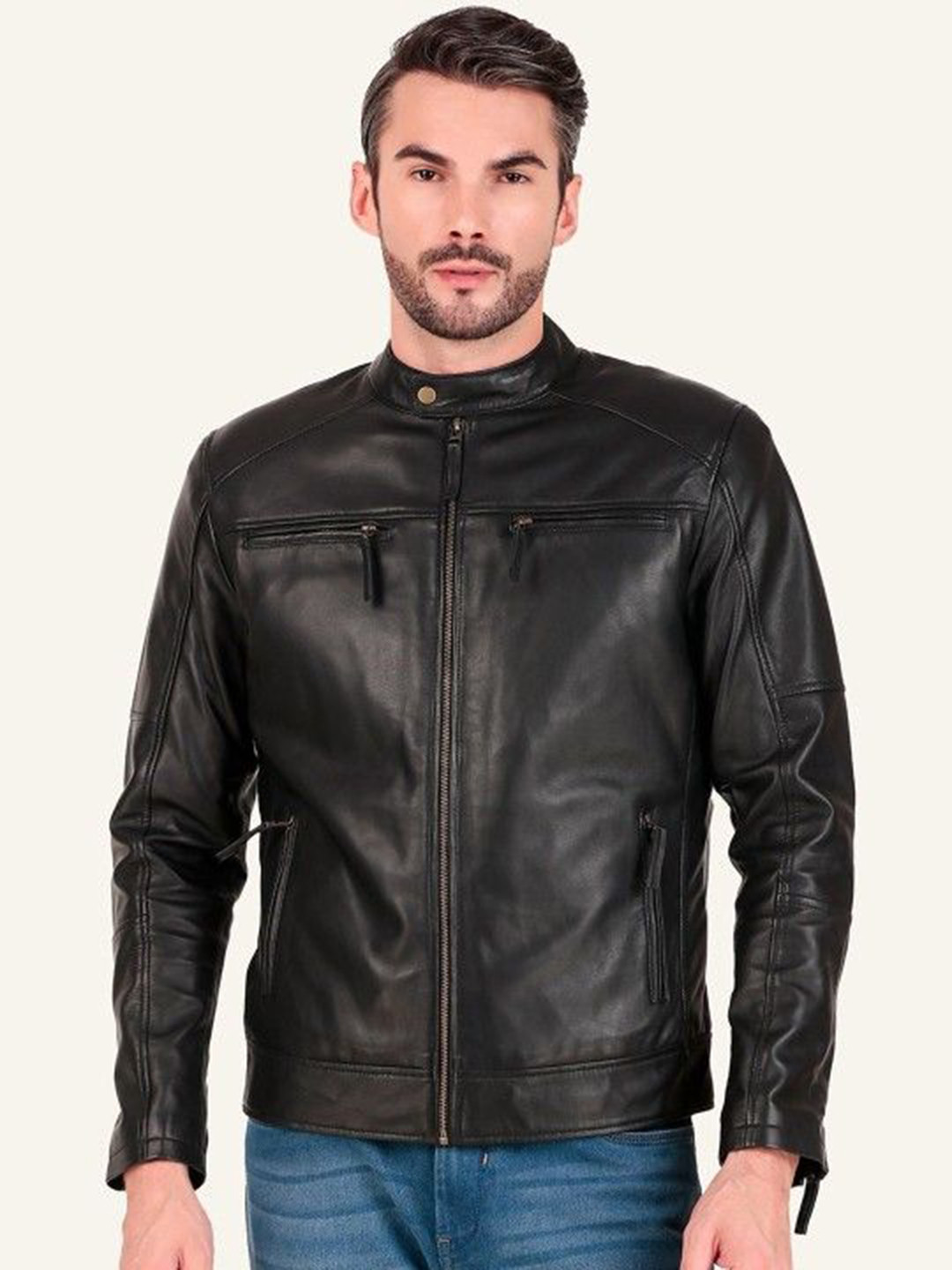 Leather Retail Men Mandarin Collar Solid Leather Casual Leather Jacket