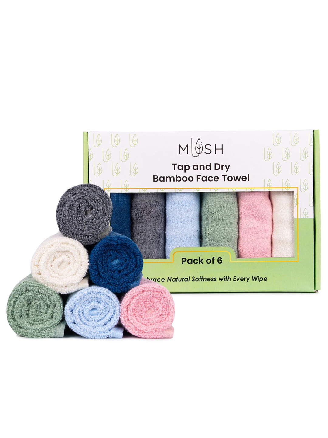 MUSH Green & White 6 Pieces Bamboo 500 GSM Face Towels