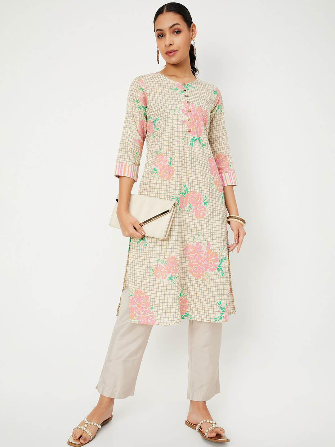 max Floral Striped Three Quarter Sleeves Pocket Detailing Cotton Straight Kurta