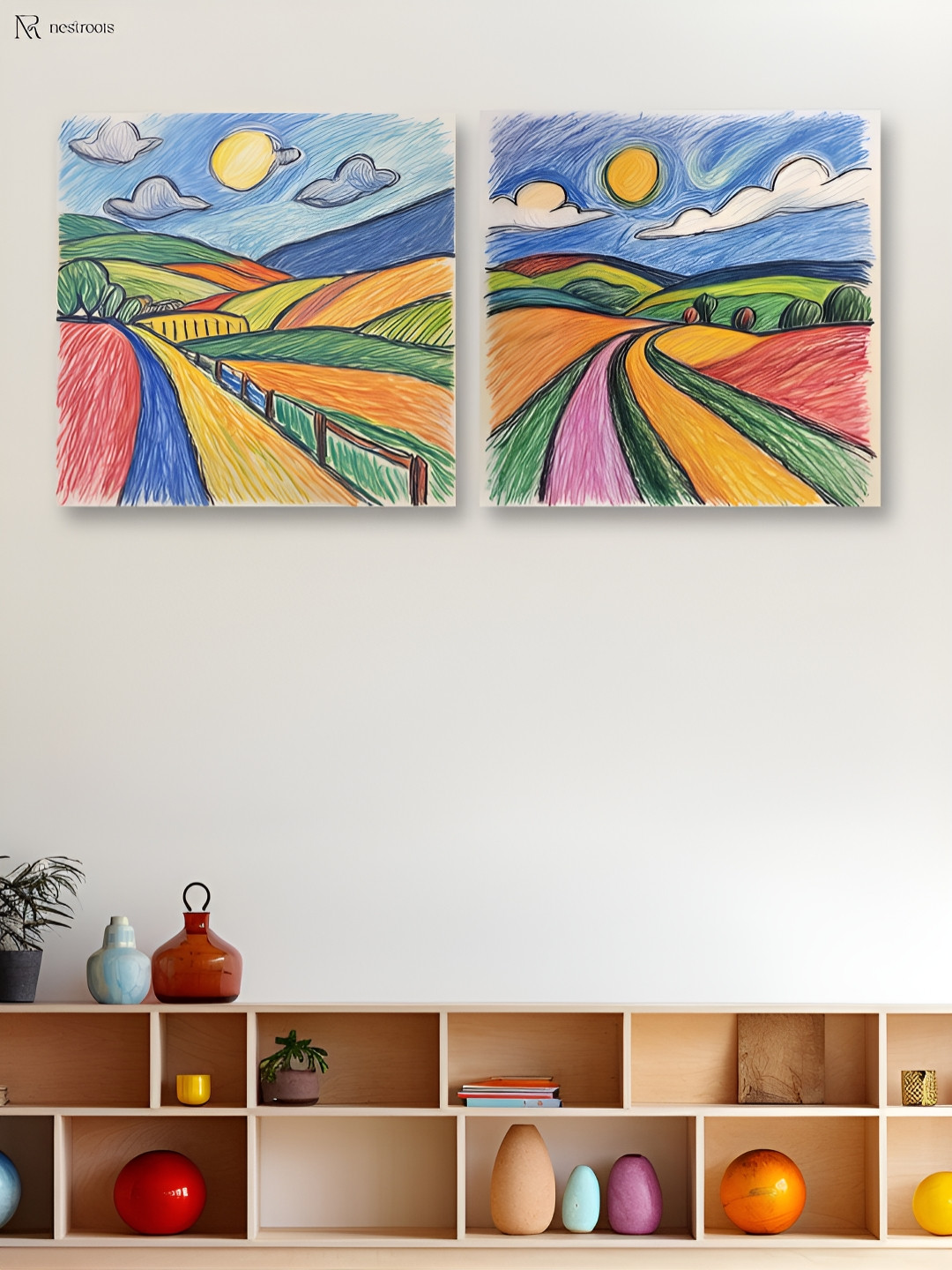 nestroots Blue Canvas 2 Pcs Wall Kids Room Square Potrait Paintings Wall Art -18 x 18In