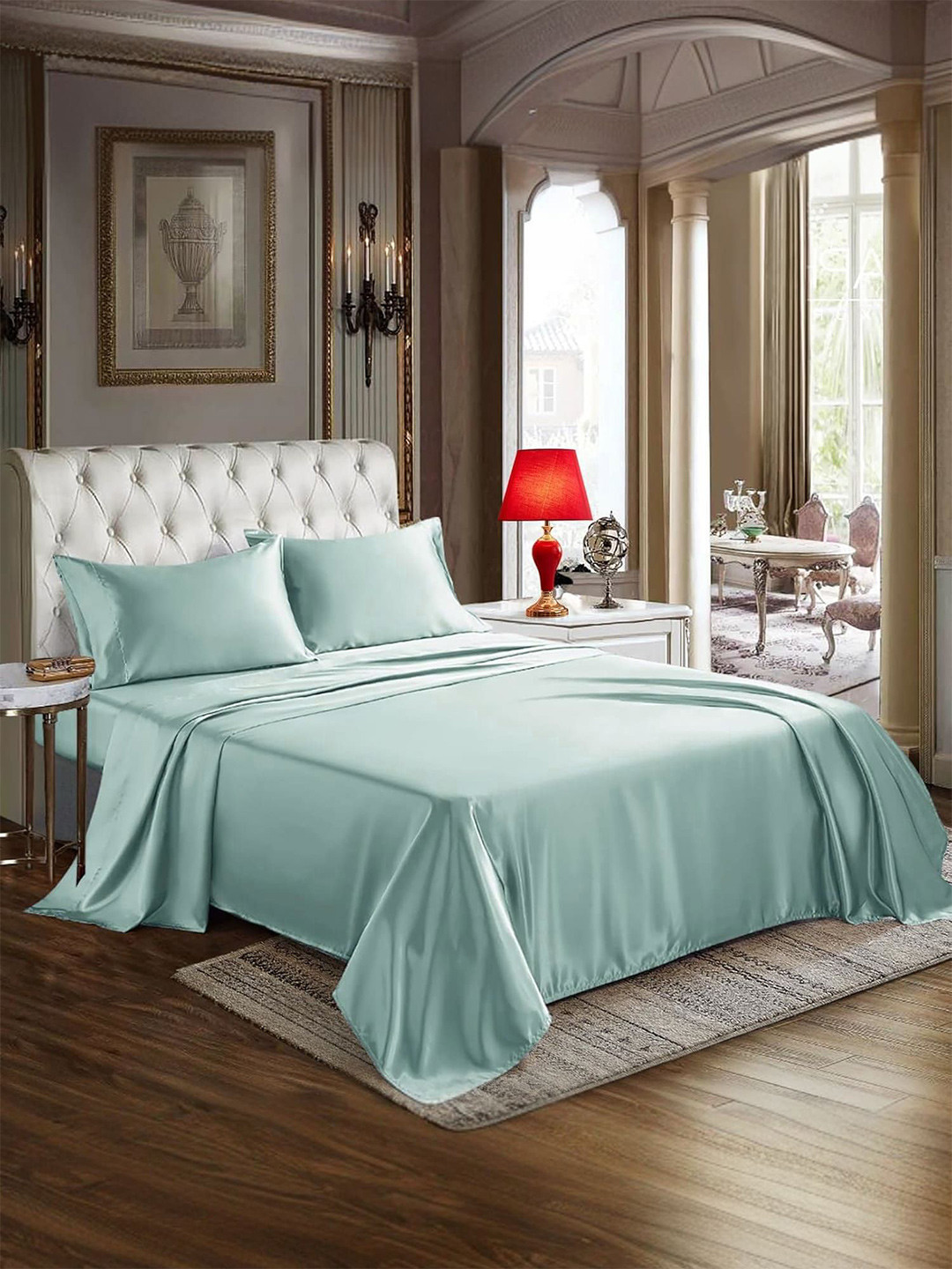 MUSH Blue Poly Satin Skin-Friendly 400 TC King Superfine Bedsheet with 2 Pillow Covers-108 x 108 inches