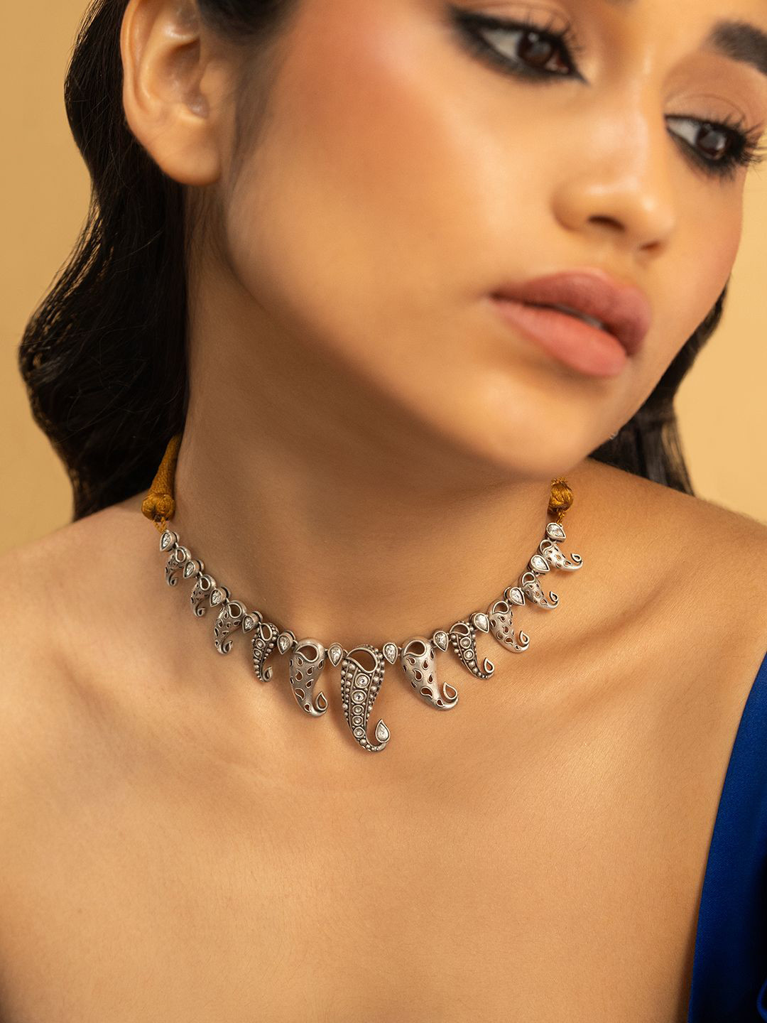 SHAYA Lukka Chuppi 925 Sterling Silver Oxidised Stone Studded Necklace