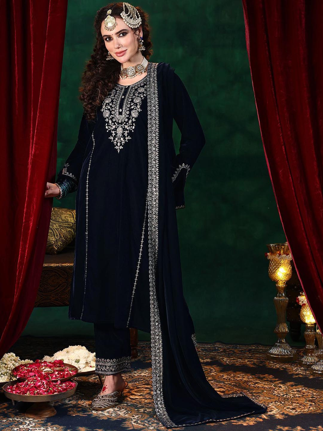 Libas Floral Embroidered Velvet Zari Straight Kurta With Trousers & Dupatta