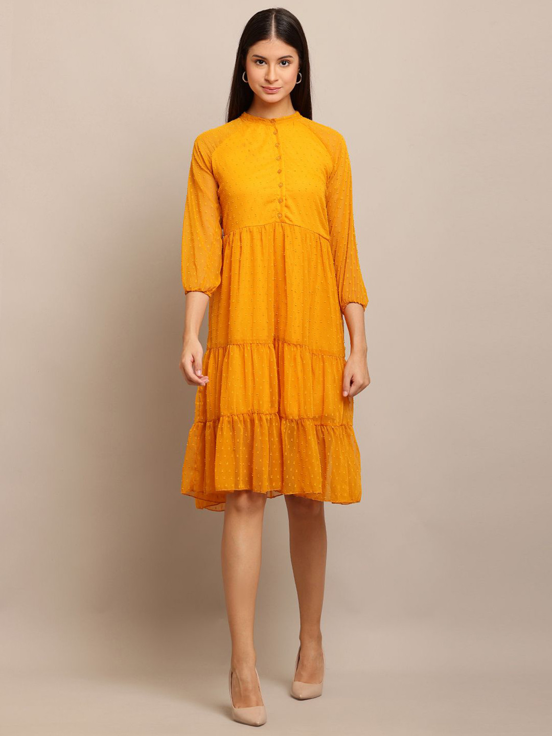 Hrikshika Fashion Women Mustard Georgette Mandarin Collar Fashion A-Line Dress