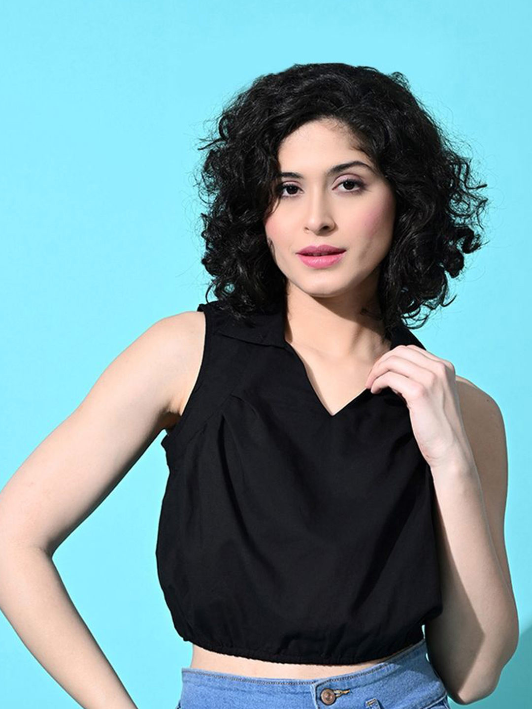 Fuchsia Solid Black Cotton Mandarin Collar Blouson Draped Sleeveless Top