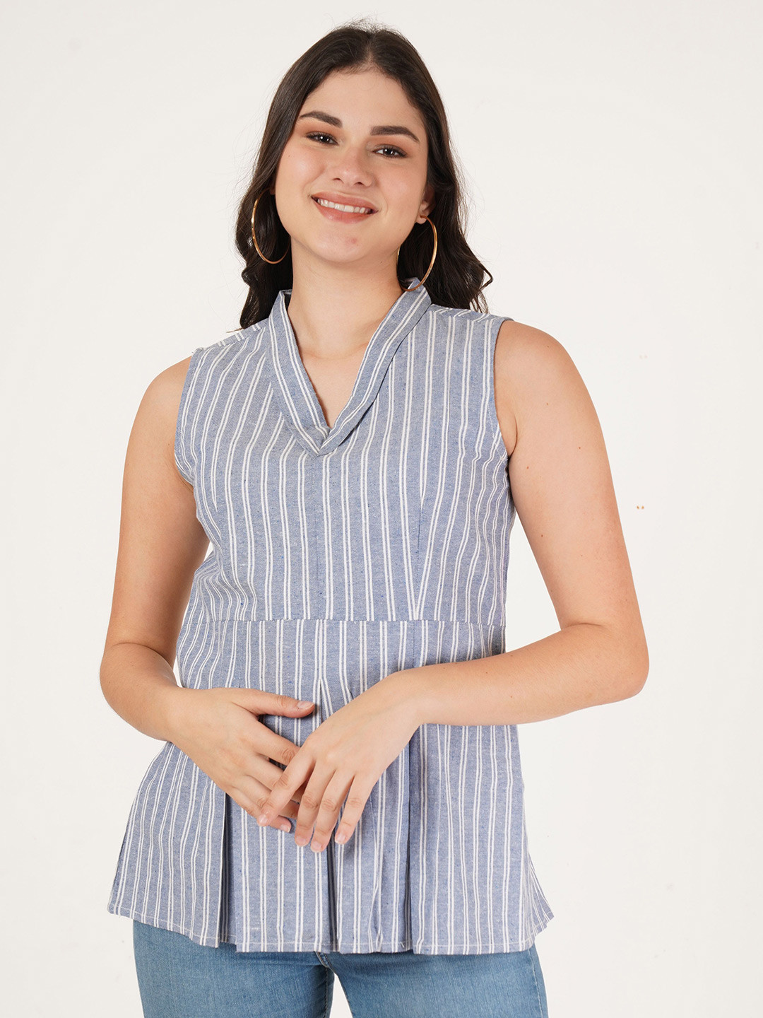 Brownverse Women Striped V-Neck Cotton Top