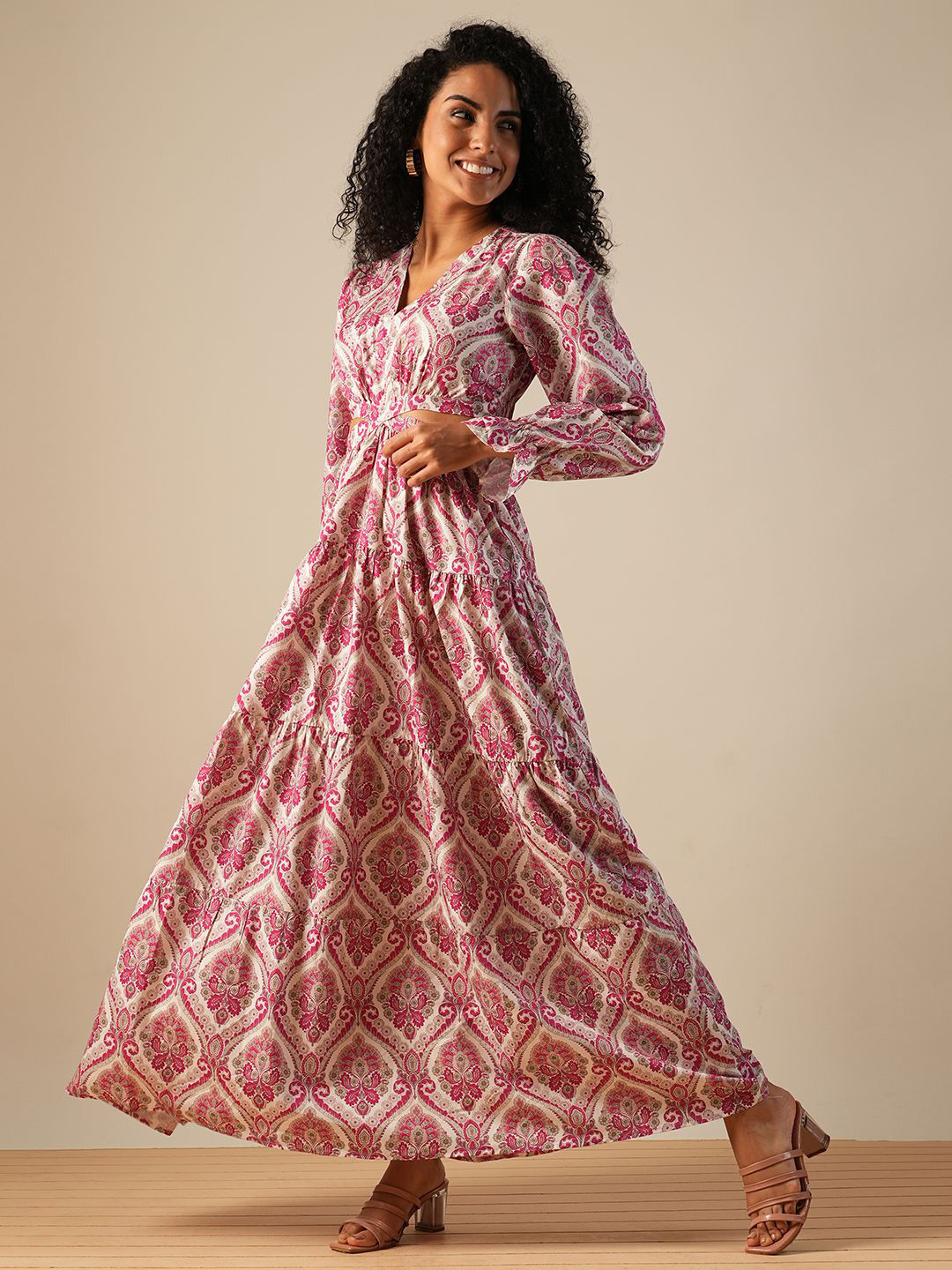 Globus V-Neck Bishop Sleeves Ethnic Printed Cut-Out Detail Fit & Flare Fusion Maxi Dress