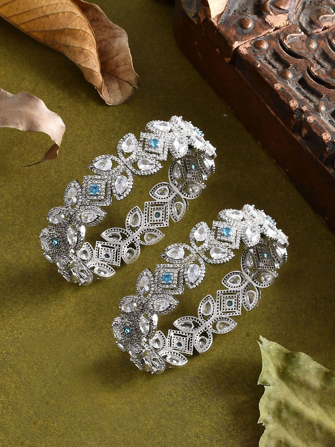 Voylla Set Of 2 Rhodium-Plated AD-Studded Before Sunrise Haunani Statement Bangles