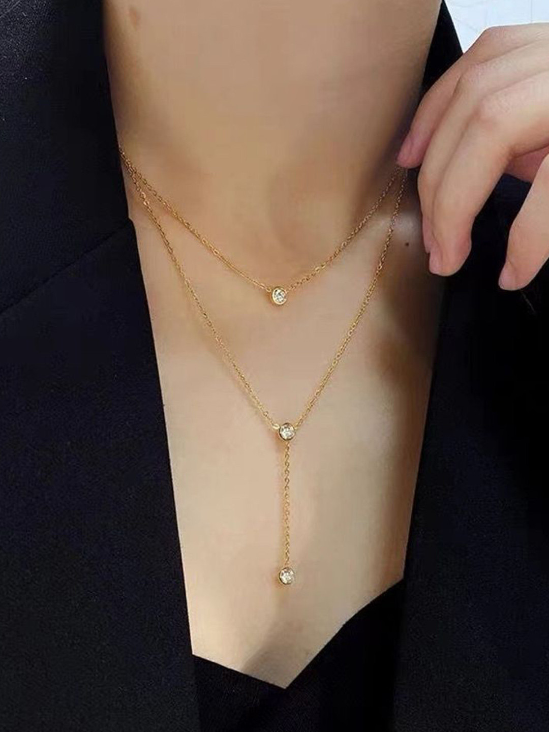 MYKI Gold-Plated Stainless Steel Cubic Zirconia Triple Layer Solitaire Statement Necklace