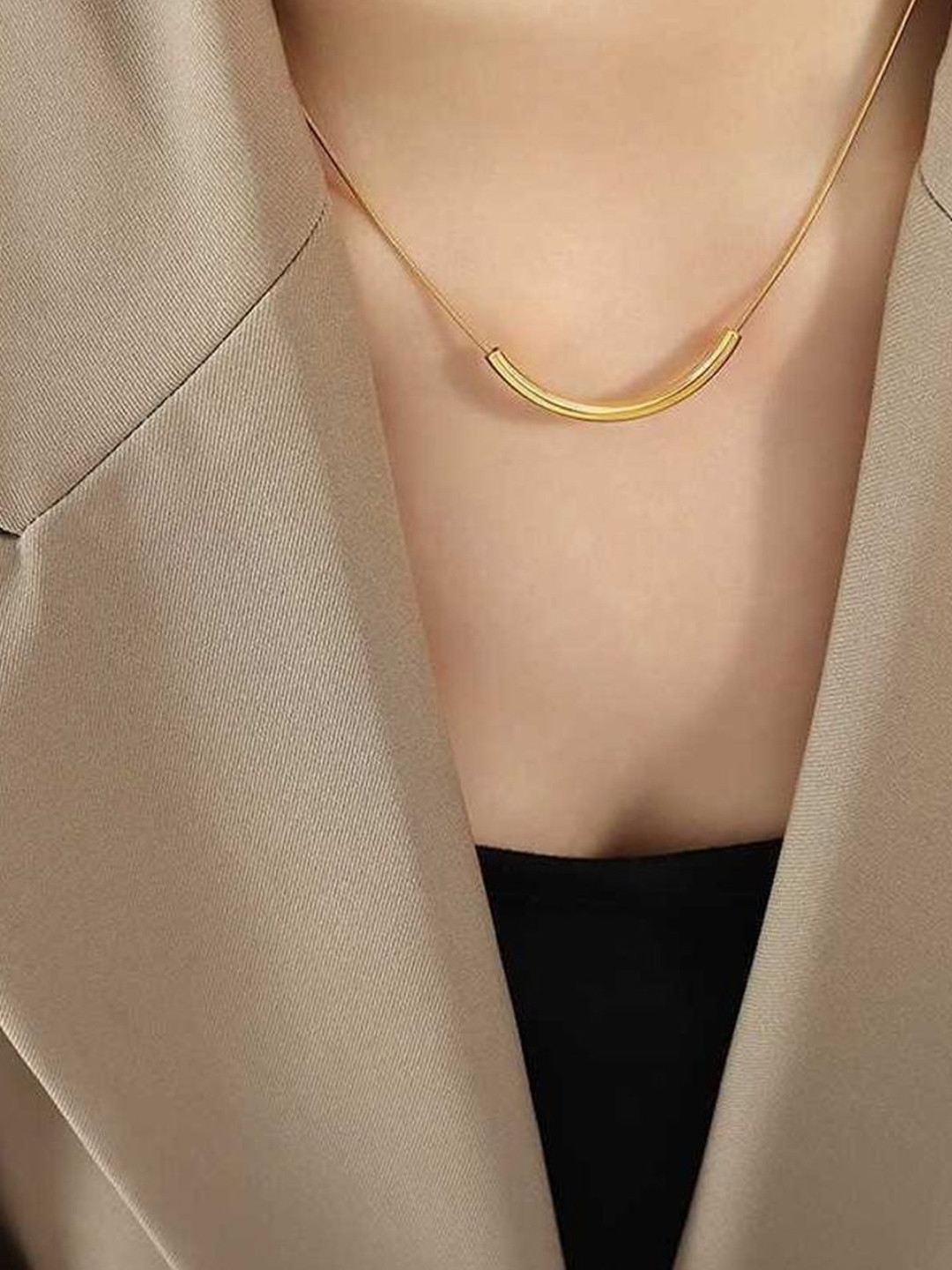 MYKI Gold-Plated Stainless Steel Elegant Curved Bar Statement Necklace