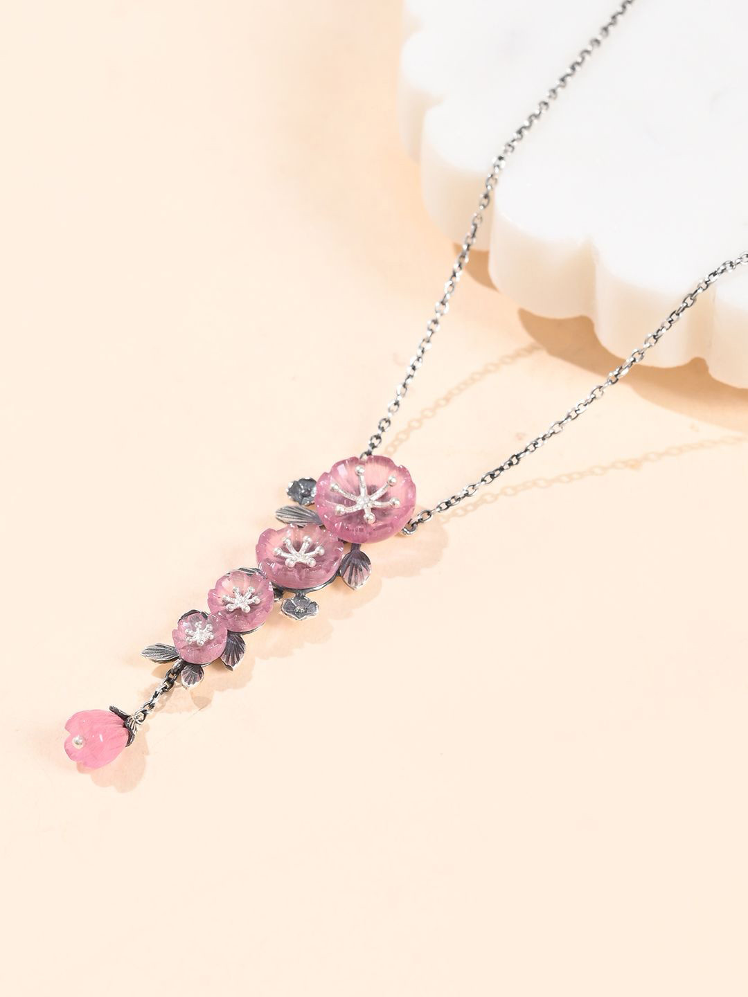 Studio Voylla 925 Sterling Silver Rhodium-Plated Sakura Oxidised Beaded Minimal Necklace