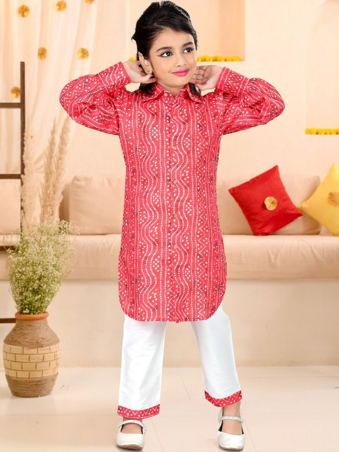 Pehanaava Girls Bandhani Printed Pure Cotton Pathani Kurta With Trouser